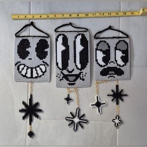 Handmade Set of 3 Cross Stitch Retro Faces Yarn Tapestries Wall Hanging